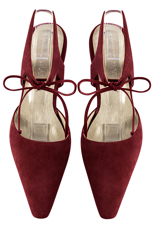 Burgundy red women's open back shoes, with an instep strap. Tapered toe. Medium spool heels. Top view - Florence KOOIJMAN